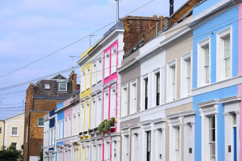 Colorful residential neighborhood architecture.