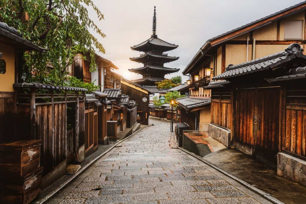 Beautiful morning at Yasaka Pagoda and Sannen Zaka Street in summer, Kyoto, Japan. Yasaka Pagoda is the famous landmark and travel attraction of Kyoto.