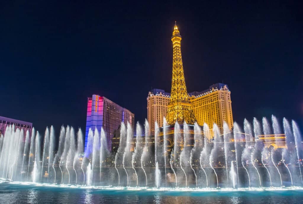 Bellagio Fountain at night in Las Vegas