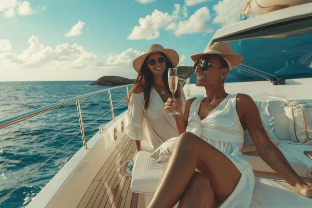 Stylish friends enjoying champagne on yacht with stunning ocean views for a luxury adventure summer vacation