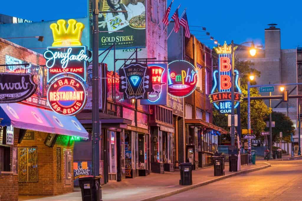 Neon signs of famous blues clubs on Beale street