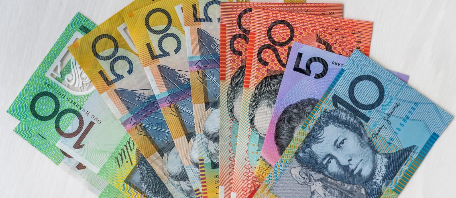 Australian dollar banknotes as financial background, different color banknotes. AUD, cash