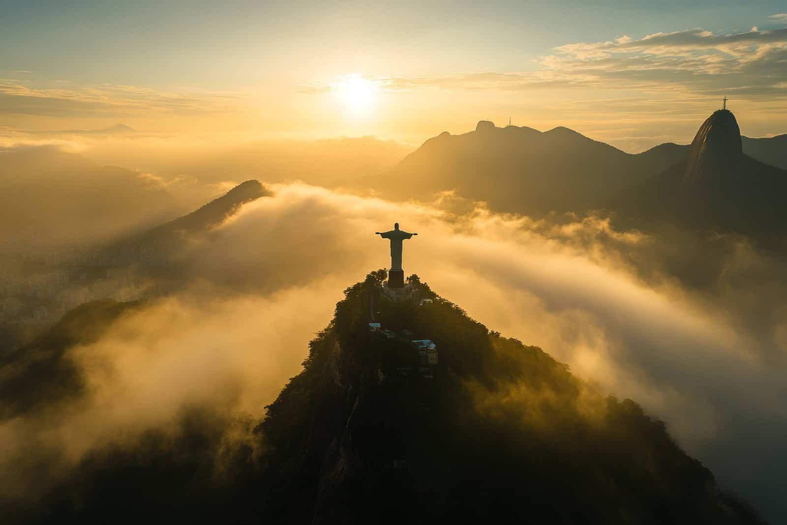 Aerial sunrise view of christ the redeemer in rio de janeiro surrounded by misty mountains