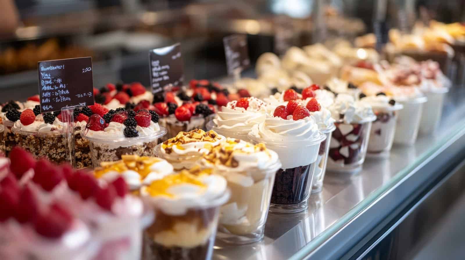 A variety of desserts are neatly arranged in a bakery, showcasing layers of cream, cake, and fresh fruits.