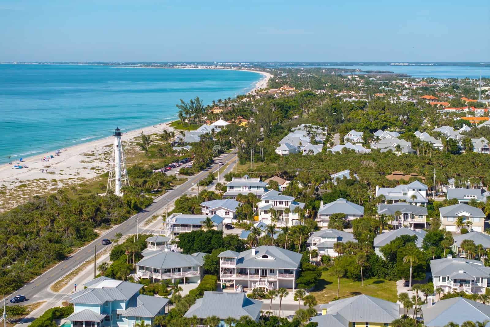 View from above of large residential homes in island small town Boca Grande on Gasparilla Island in southwest Florida.