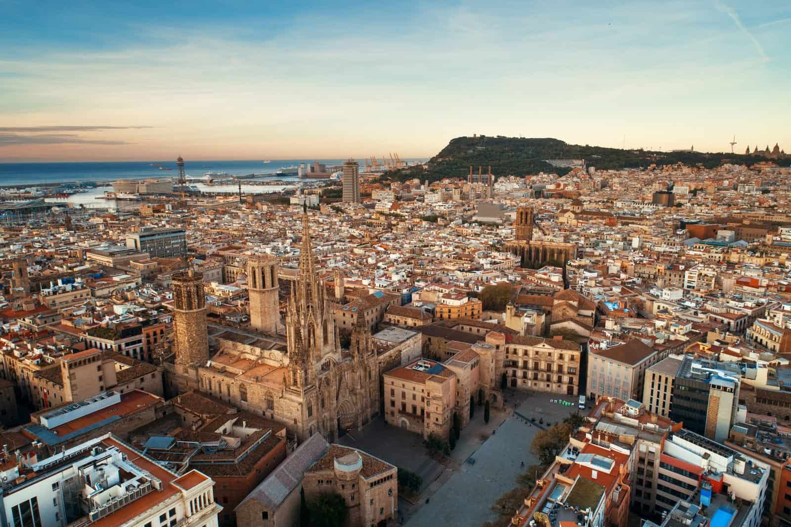 Aerial view of Gothic Quarter in Barcelona in Spain.