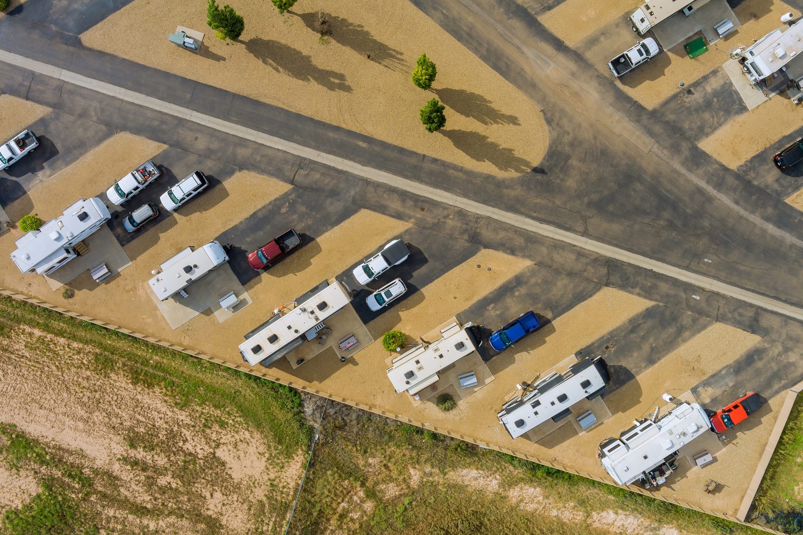 Aerial view of travel trailers parked at an RV campground resort
