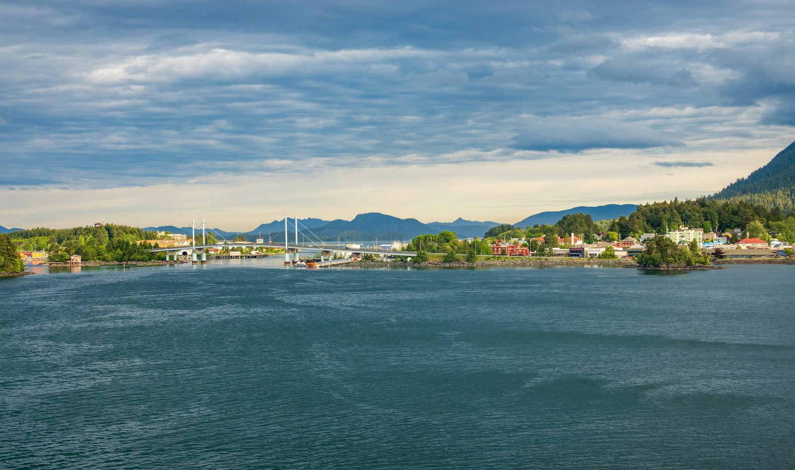 Panorama of downtown Sitka, Alaska, lit by afternoon sun