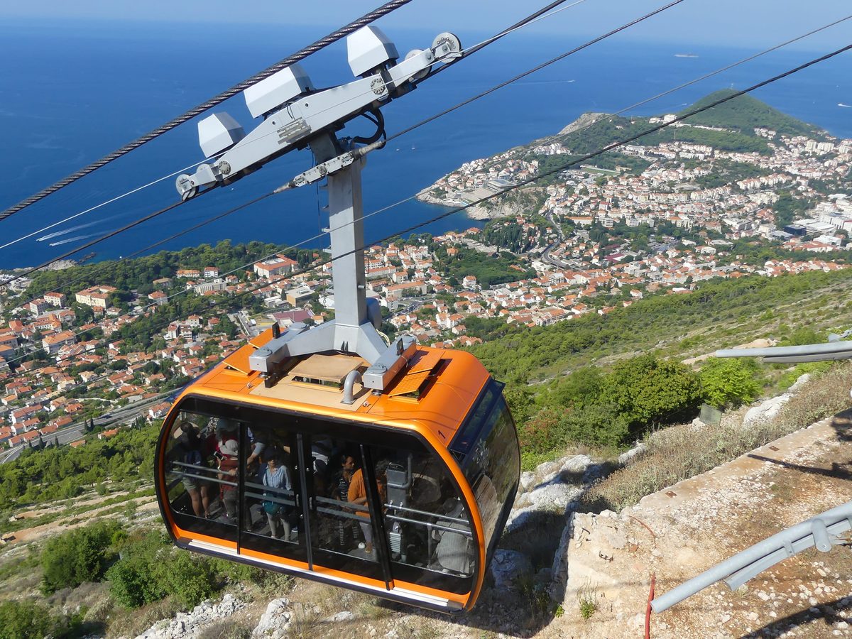 The Dubrovnik cable car climbing Mount Srd, with the city and the Adriatic below
