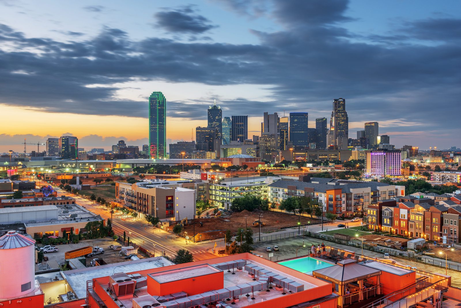 The downtown Dallas, Texas skyline at dusk