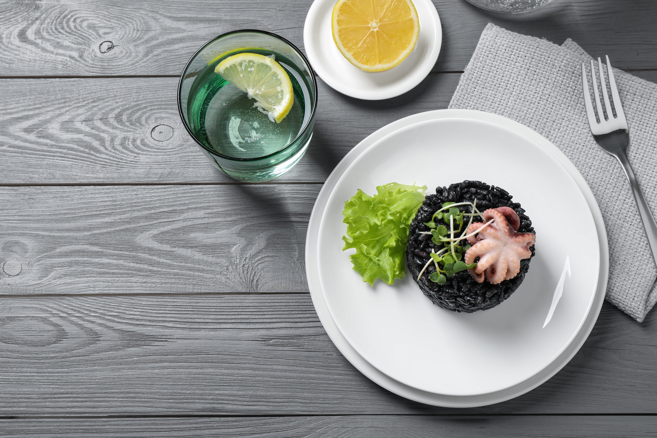 Black risotto with baby octopus, the squid-ink staple of the Dalmatian coast