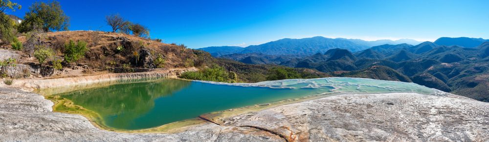 The mineral pools and white rock terraces of Hierve el Agua, in the Central Valleys east of Oaxaca