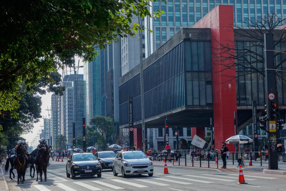 The red concrete span of MASP over Avenida Paulista, with Sao Paulo's office towers behind