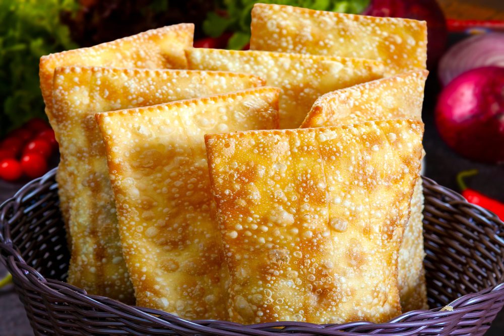 A basket of pastel, the crisp fried pastry sold at every Brazilian street market
